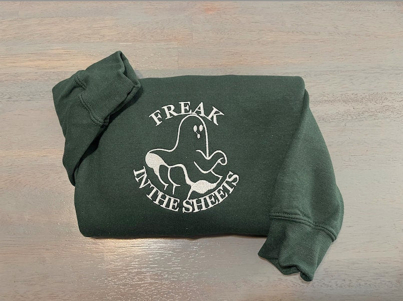 Freak in the sheet embroidered sweatshirt! Halloween embroidery; Halloween Embroidered Sweatshirts; women clothing